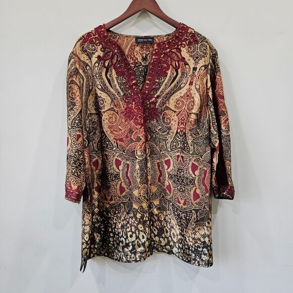 Jones New York Womens Silky Popover Top Multicolor Embroidered Artsy Bohemian - Picture 1 of 10
